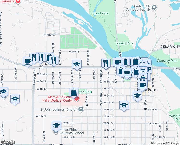 map of restaurants, bars, coffee shops, grocery stores, and more near 813 West 2nd Street in Cedar Falls
