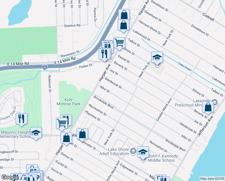 map of restaurants, bars, coffee shops, grocery stores, and more near 22928 Allor Street in St. Clair Shores
