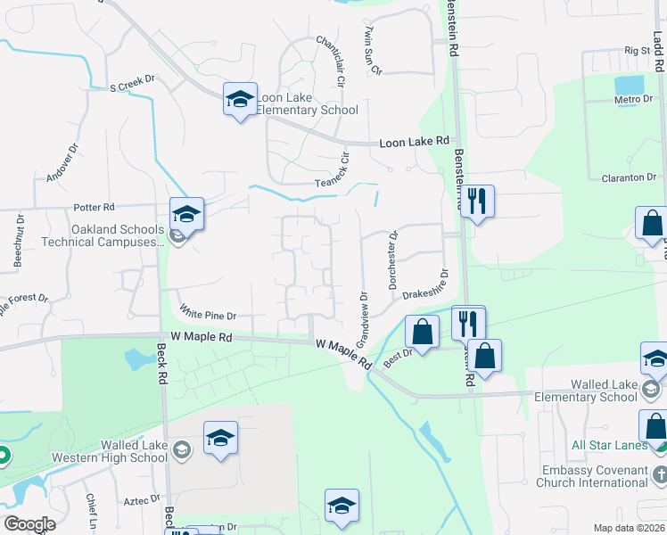 map of restaurants, bars, coffee shops, grocery stores, and more near 955 Grandview Drive in Commerce Charter Township