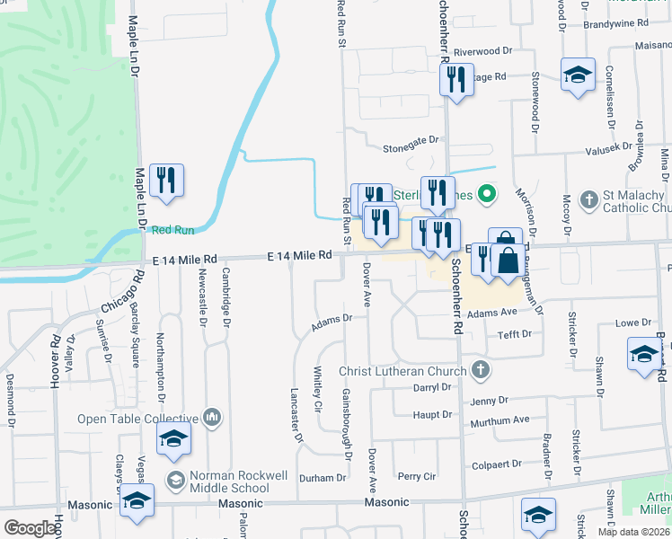 map of restaurants, bars, coffee shops, grocery stores, and more near 32827 Rugby Drive in Warren