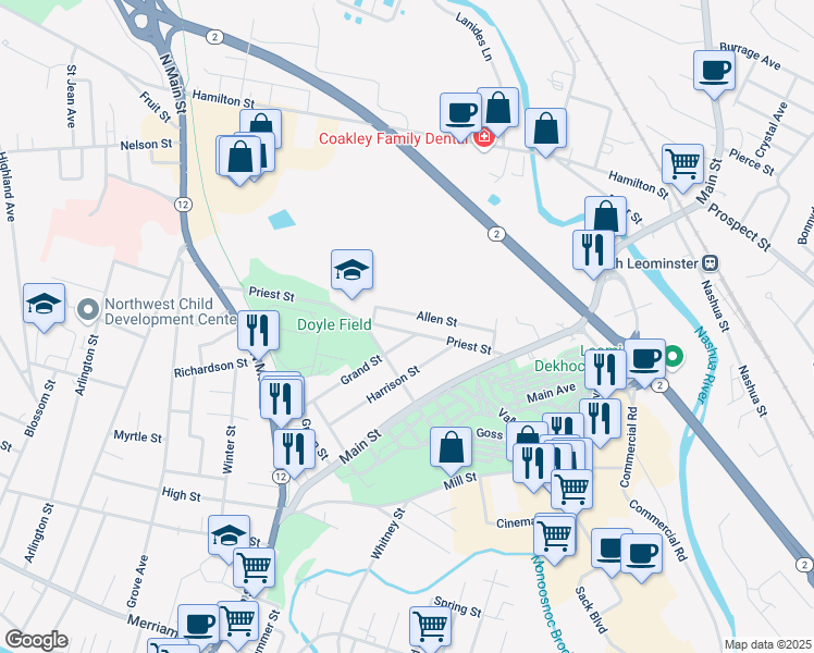 map of restaurants, bars, coffee shops, grocery stores, and more near 87 Priest Street in Leominster