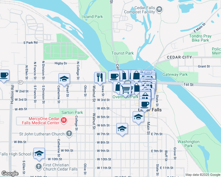 map of restaurants, bars, coffee shops, grocery stores, and more near 115 Tremont Street in Cedar Falls