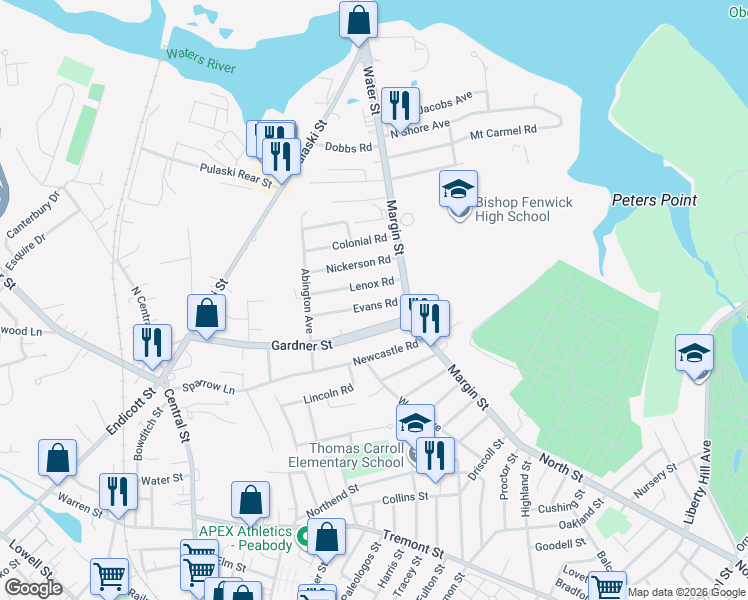 map of restaurants, bars, coffee shops, grocery stores, and more near 17 Evans Road in Peabody