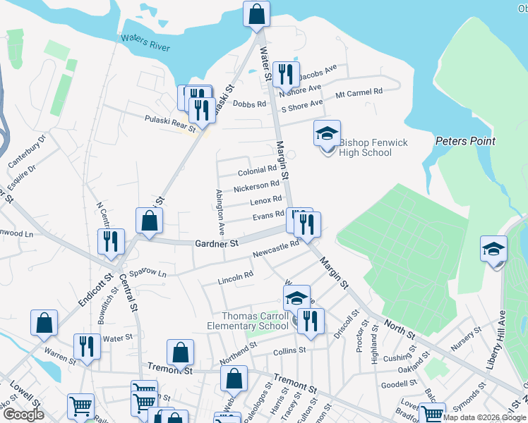 map of restaurants, bars, coffee shops, grocery stores, and more near 17 Evans Road in Peabody