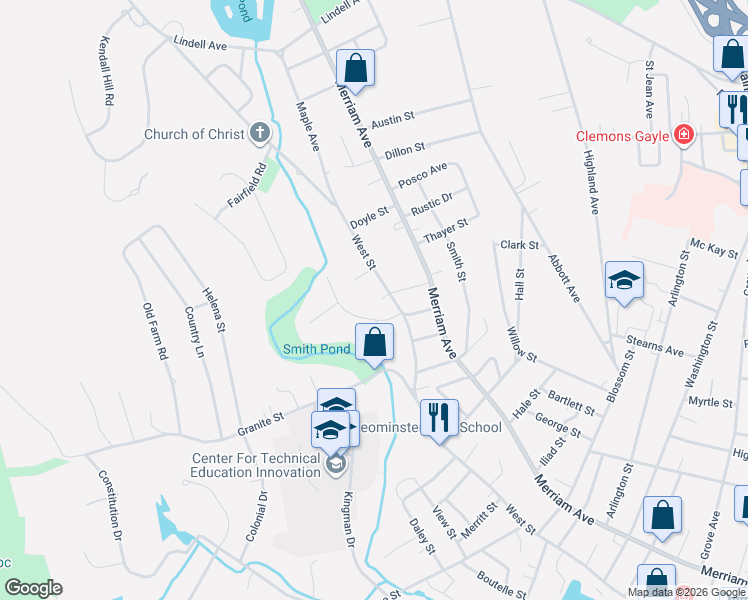 map of restaurants, bars, coffee shops, grocery stores, and more near 33 Crestfield Lane in Leominster
