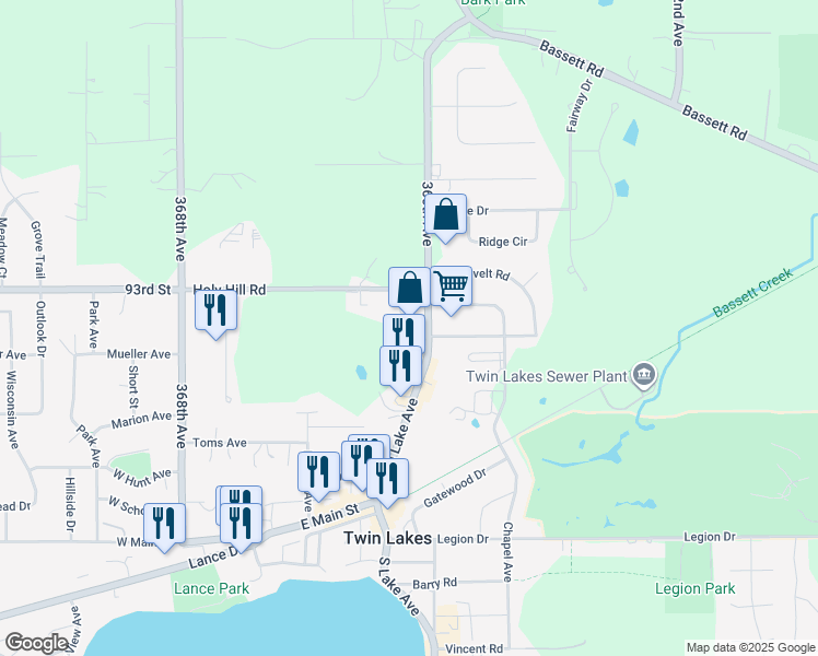 map of restaurants, bars, coffee shops, grocery stores, and more near 517 North Lake Avenue in Twin Lakes