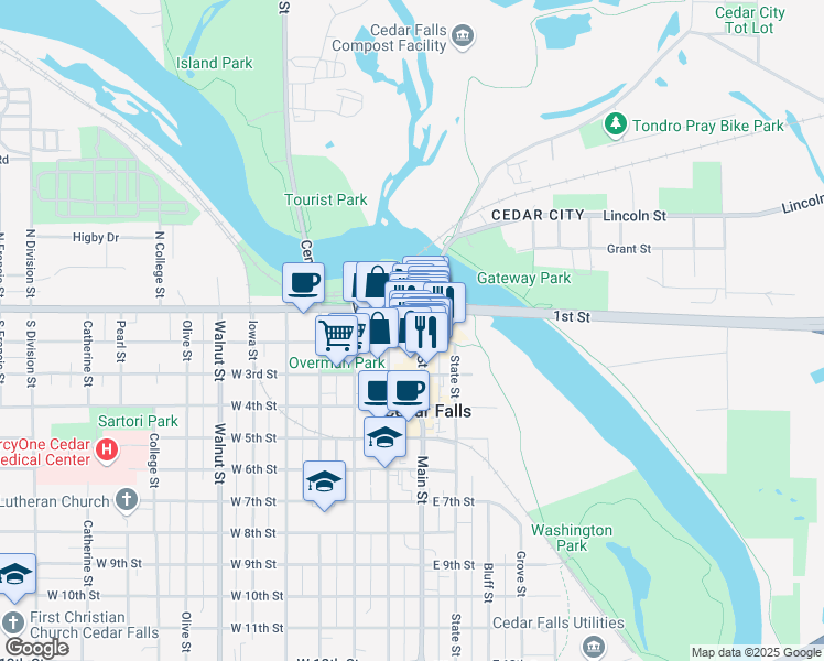 map of restaurants, bars, coffee shops, grocery stores, and more near 122 Washington Street in Cedar Falls