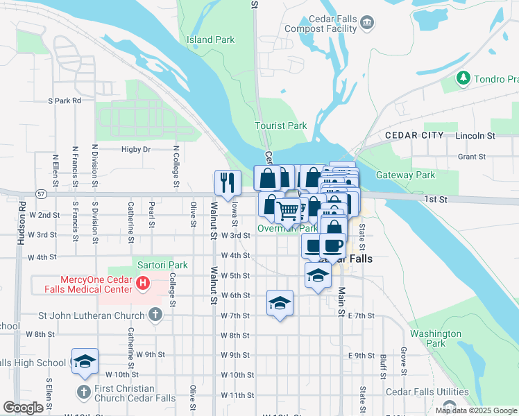 map of restaurants, bars, coffee shops, grocery stores, and more near 501 West 2nd Street in Cedar Falls