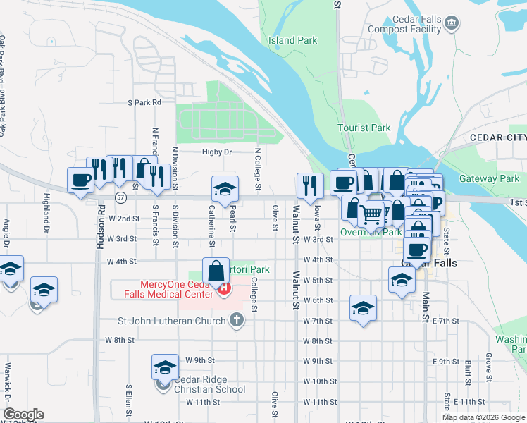 map of restaurants, bars, coffee shops, grocery stores, and more near 813 West 2nd Street in Cedar Falls