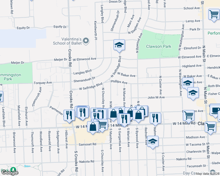 map of restaurants, bars, coffee shops, grocery stores, and more near 514 North Manitou Avenue in Clawson
