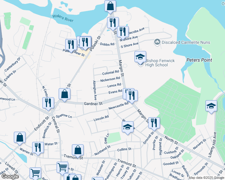 map of restaurants, bars, coffee shops, grocery stores, and more near 17 Evans Road in Peabody