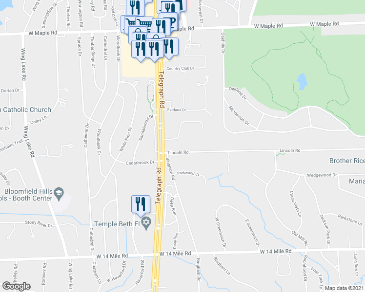 map of restaurants, bars, coffee shops, grocery stores, and more near 4066 Lincoln Road in Bloomfield Hills