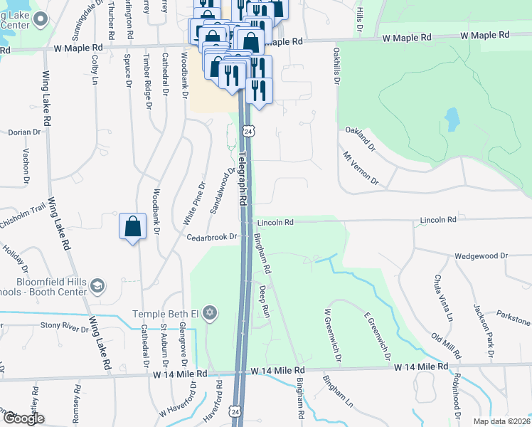 map of restaurants, bars, coffee shops, grocery stores, and more near 4066 Lincoln Road in Bloomfield Hills