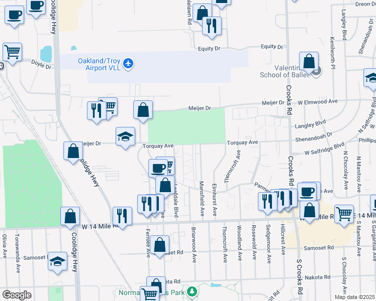 map of restaurants, bars, coffee shops, grocery stores, and more near 2425 Torquay Avenue in Royal Oak