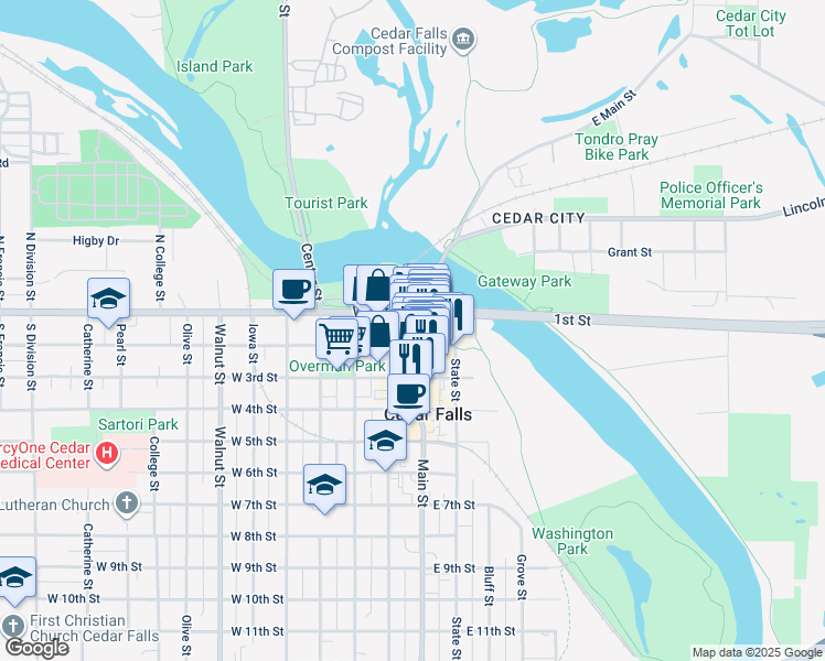 map of restaurants, bars, coffee shops, grocery stores, and more near 115 Main Street in Cedar Falls