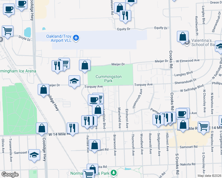 map of restaurants, bars, coffee shops, grocery stores, and more near 2425 Torquay Avenue in Royal Oak