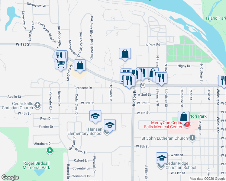 map of restaurants, bars, coffee shops, grocery stores, and more near in Cedar Falls