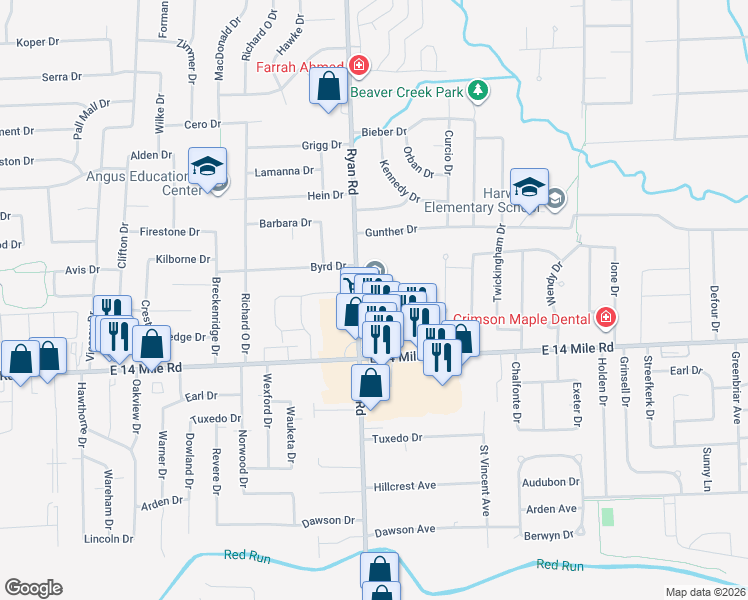 map of restaurants, bars, coffee shops, grocery stores, and more near 33190 Ryan Road in Sterling Heights