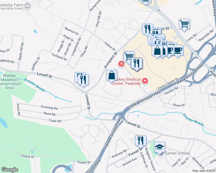 map of restaurants, bars, coffee shops, grocery stores, and more near 6 Essex Green Lane in Peabody