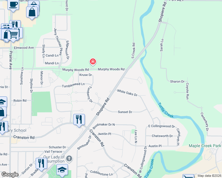map of restaurants, bars, coffee shops, grocery stores, and more near 2500 White Oaks Drive in Beloit