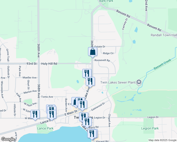 map of restaurants, bars, coffee shops, grocery stores, and more near 517 North Lake Avenue in Twin Lakes