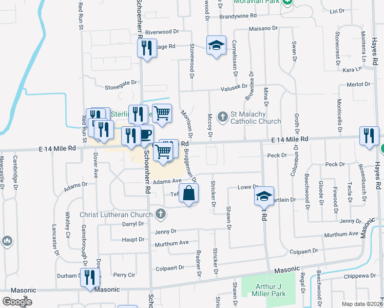 map of restaurants, bars, coffee shops, grocery stores, and more near 13988 Lynn Court in Warren
