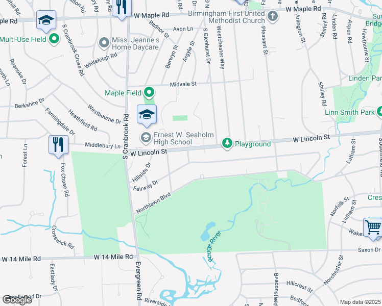 map of restaurants, bars, coffee shops, grocery stores, and more near 1170 Arden Lane in Birmingham