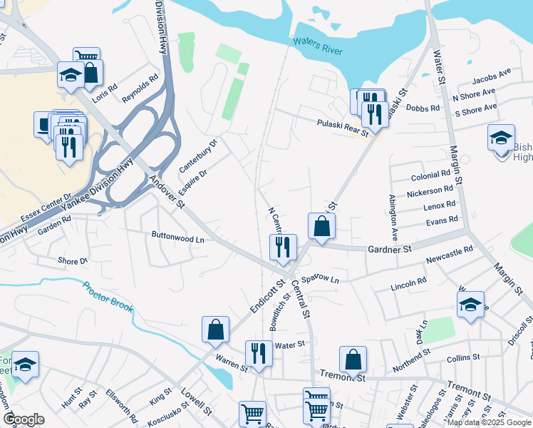 map of restaurants, bars, coffee shops, grocery stores, and more near 30 North Central Street in Peabody