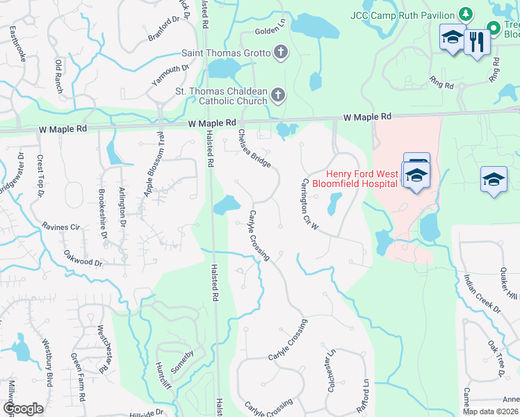 map of restaurants, bars, coffee shops, grocery stores, and more near 6741 Chelsea Bridge in West Bloomfield Township