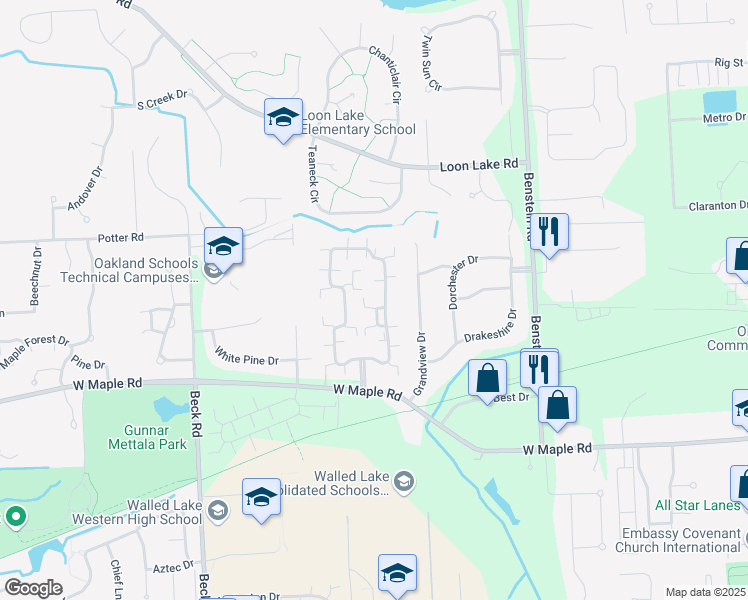 map of restaurants, bars, coffee shops, grocery stores, and more near 11200 Famingdale Lane in Commerce Charter Township