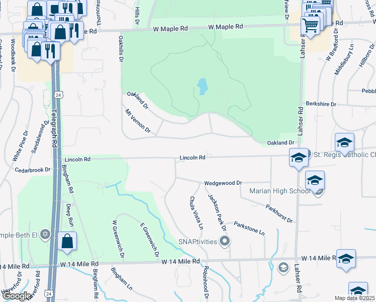 map of restaurants, bars, coffee shops, grocery stores, and more near 3880 Lincoln Road in Bloomfield Hills