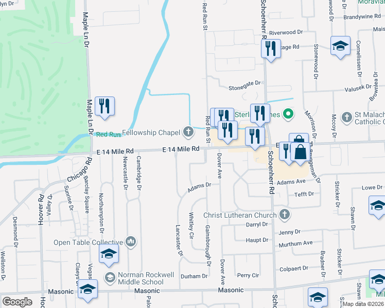 map of restaurants, bars, coffee shops, grocery stores, and more near 32827 Rugby Drive in Warren