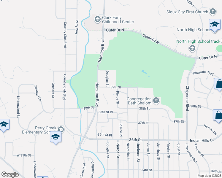 map of restaurants, bars, coffee shops, grocery stores, and more near 400 Woodrose Drive in Sioux City