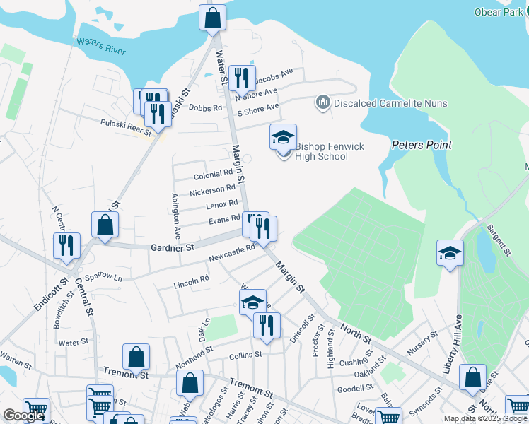 map of restaurants, bars, coffee shops, grocery stores, and more near 73 Margin Street in Peabody