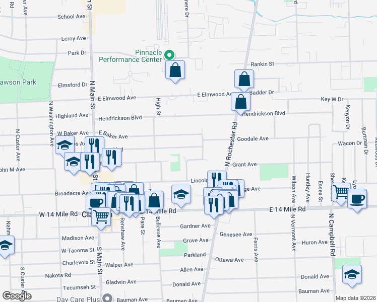 map of restaurants, bars, coffee shops, grocery stores, and more near 561 Lerner Avenue in Clawson