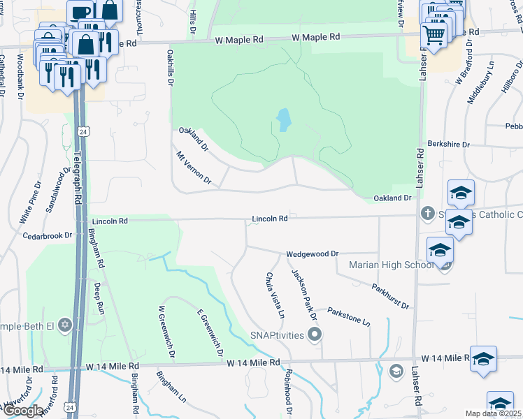 map of restaurants, bars, coffee shops, grocery stores, and more near 3880 Lincoln Road in Bloomfield Hills