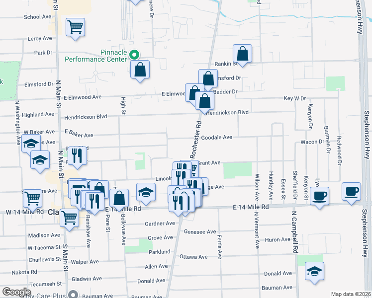 map of restaurants, bars, coffee shops, grocery stores, and more near 519 North Rochester Road in Clawson