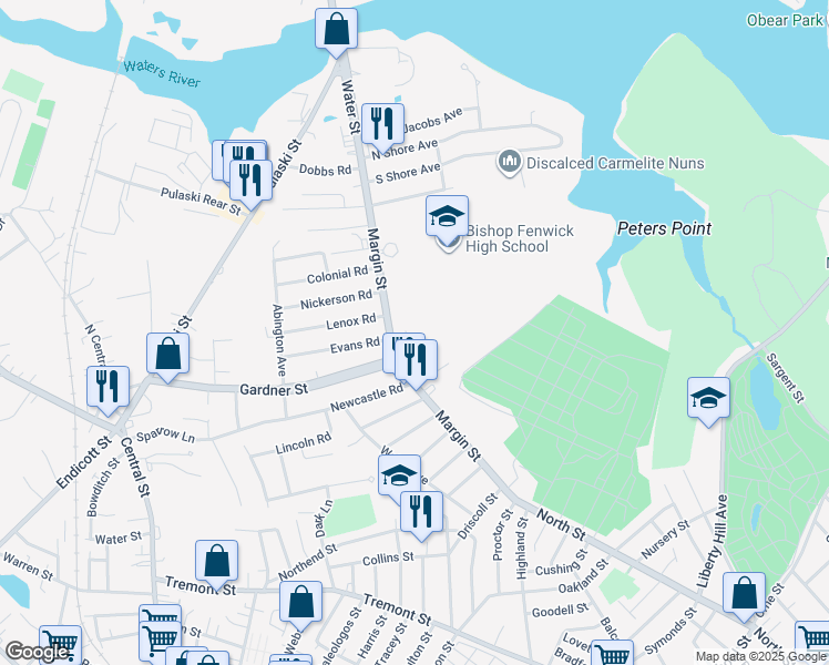 map of restaurants, bars, coffee shops, grocery stores, and more near 73 Margin Street in Peabody