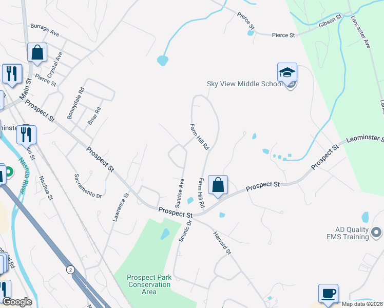 map of restaurants, bars, coffee shops, grocery stores, and more near 59 Sunrise Avenue in Leominster