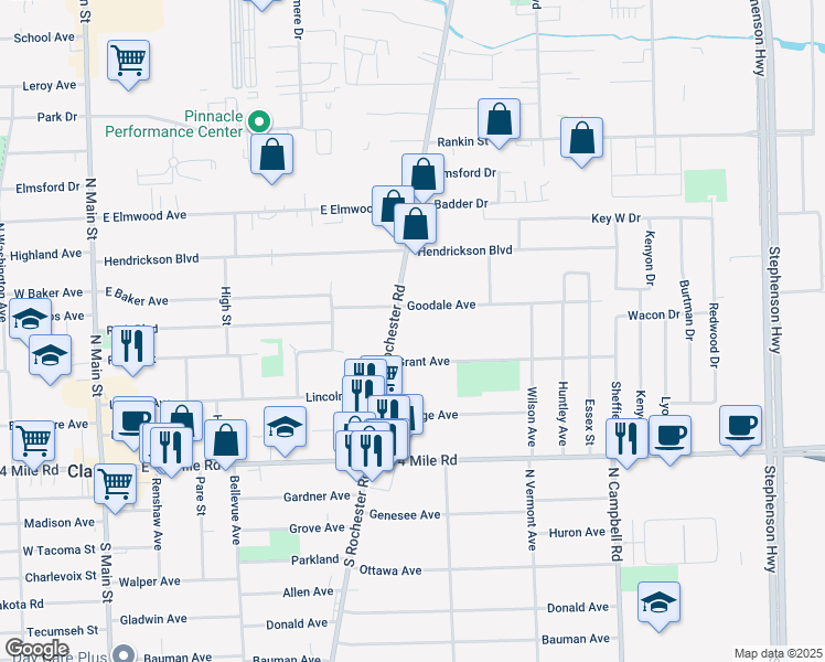 map of restaurants, bars, coffee shops, grocery stores, and more near 424 North Rochester Road in Clawson