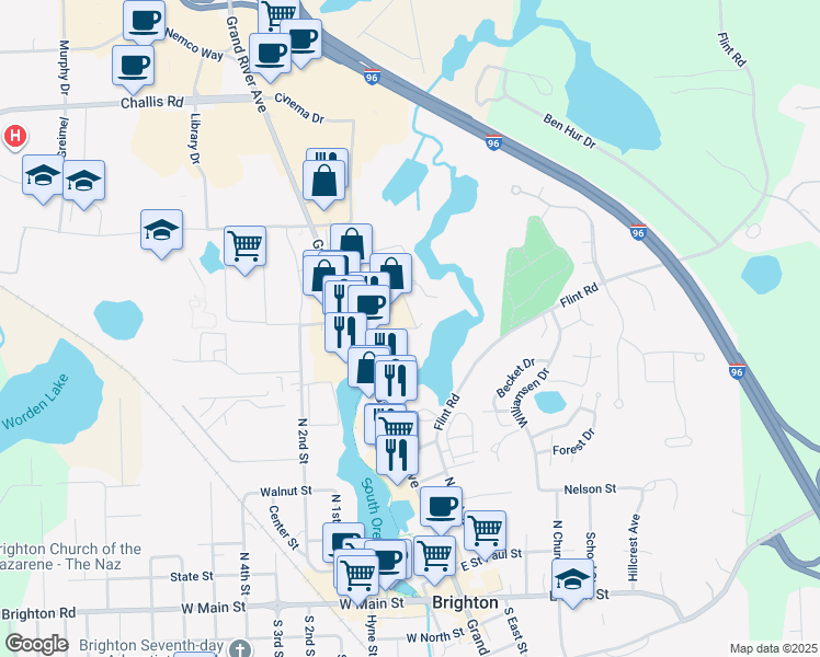 map of restaurants, bars, coffee shops, grocery stores, and more near 8739 Green Willow Drive in Brighton