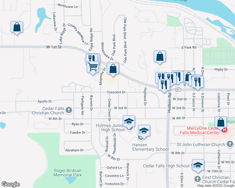 map of restaurants, bars, coffee shops, grocery stores, and more near 114 Brentwood Drive in Cedar Falls