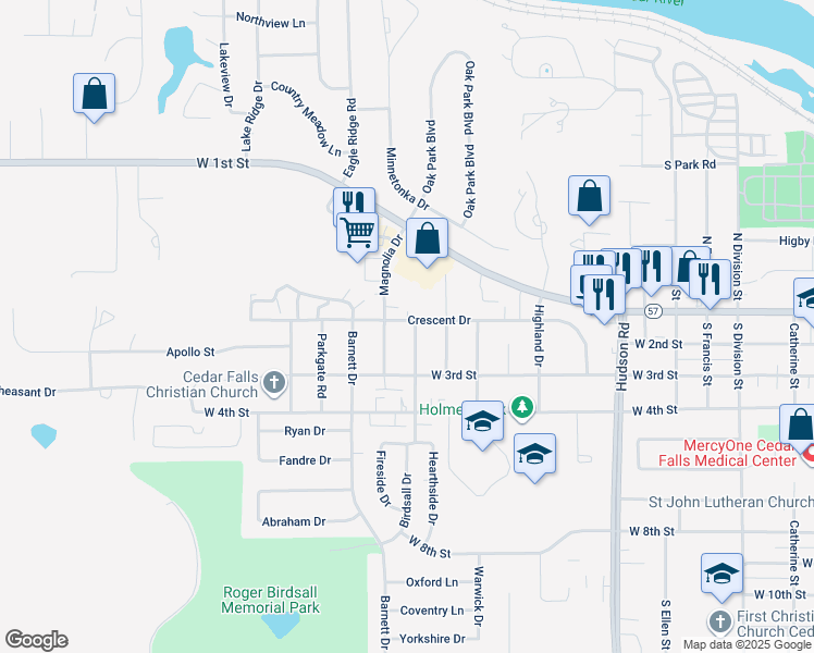 map of restaurants, bars, coffee shops, grocery stores, and more near 121 Cedar Crest Drive in Cedar Falls