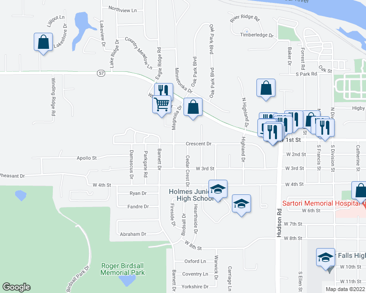 map of restaurants, bars, coffee shops, grocery stores, and more near 121 Cedar Crest Drive in Cedar Falls