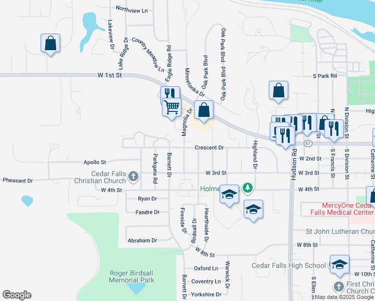 map of restaurants, bars, coffee shops, grocery stores, and more near 119 Magnolia Drive in Cedar Falls