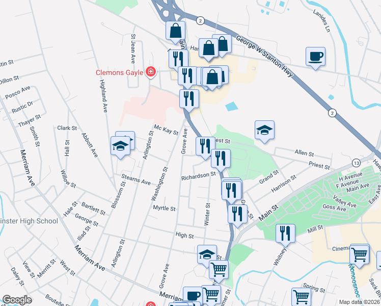 map of restaurants, bars, coffee shops, grocery stores, and more near 33 Hammond Street in Leominster