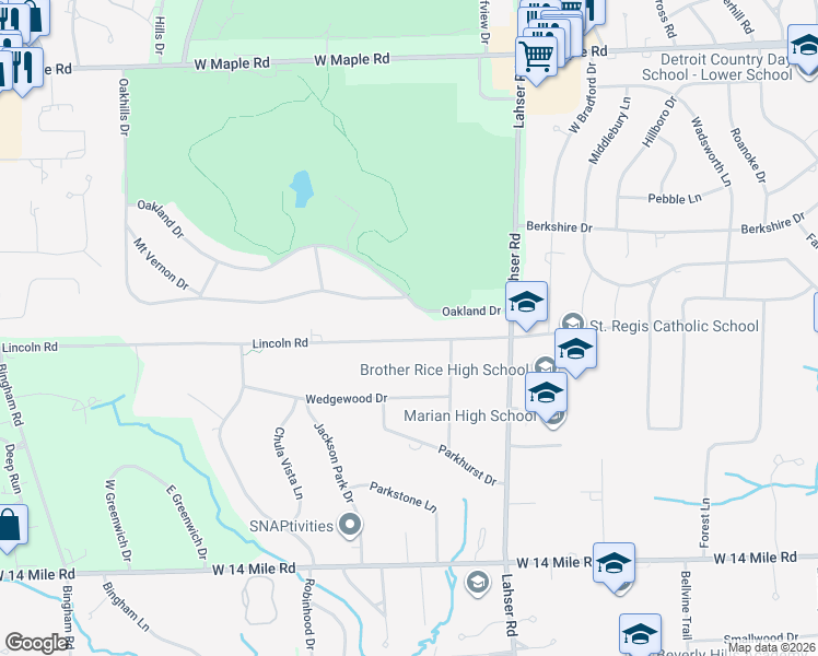 map of restaurants, bars, coffee shops, grocery stores, and more near 3780 Lincoln Road in Bloomfield Hills