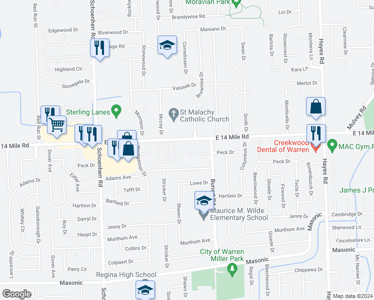 map of restaurants, bars, coffee shops, grocery stores, and more near 14131 Peck Drive in Warren