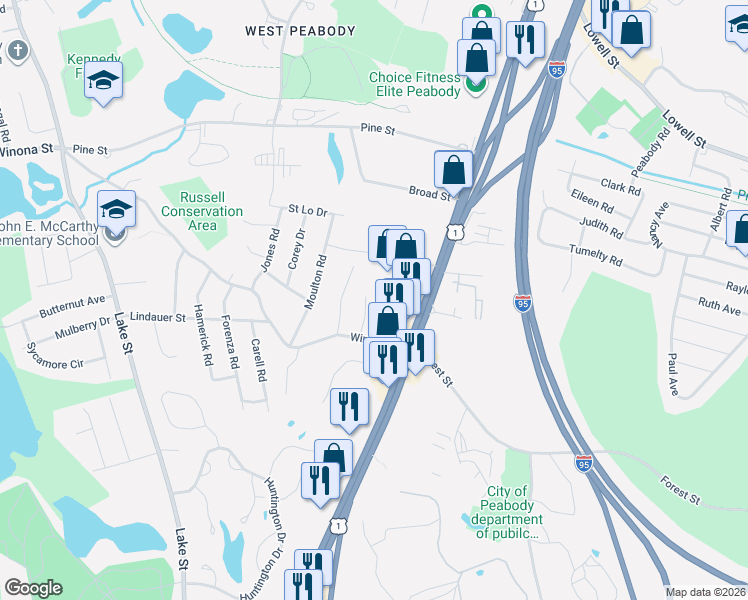 map of restaurants, bars, coffee shops, grocery stores, and more near 7R Winona Street in Peabody