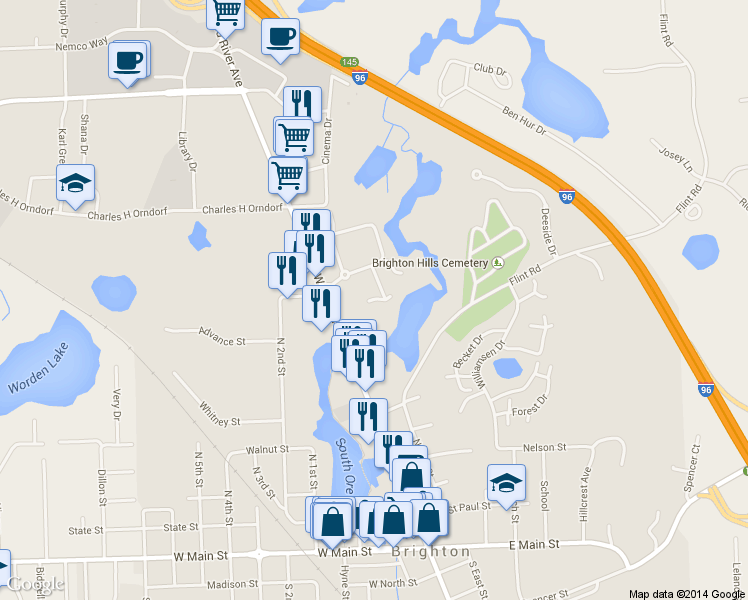map of restaurants, bars, coffee shops, grocery stores, and more near 8737 Green Willow Street in Brighton